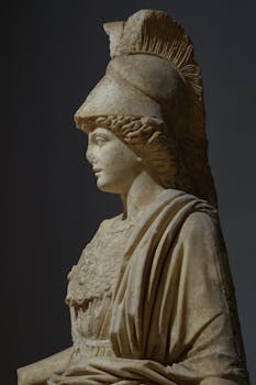 Beautiful marble statue of ancient Greek figure with detailed helmet and robe, İzmir, Türkiye.