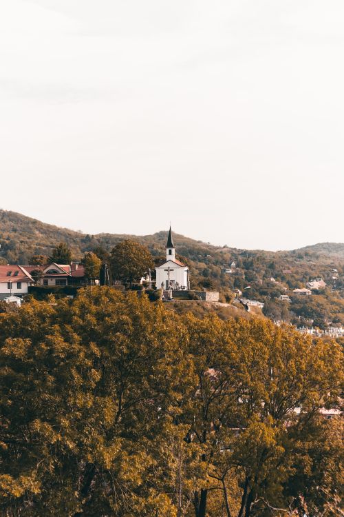 Free Serene view of a church atop a hill surrounded by autumn foliage in Esztergom, Hungary. Stock Photo