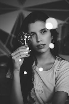 一幅时尚的黑白肖像中，灯泡映照着一位女性，展现出其现代与艺术的天赋