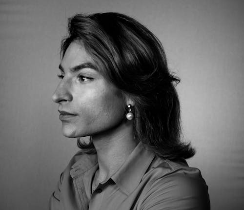 Grayscale Photography Of Woman Wearing Collared Shirt