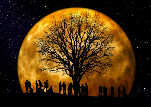 Silhouette of People Standing Neat Tree Under the Moon