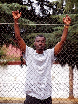 一个穿着休闲服的年轻人站在公园的户外铁丝网后面