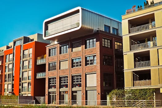 这座位于城市环境中的现代公寓楼，设计独特，建筑风格鲜明