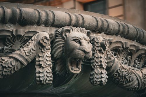 Free Close-up of an ornate lion head sculpture in Baku, showcasing intricate design and artistry. Stock Photo