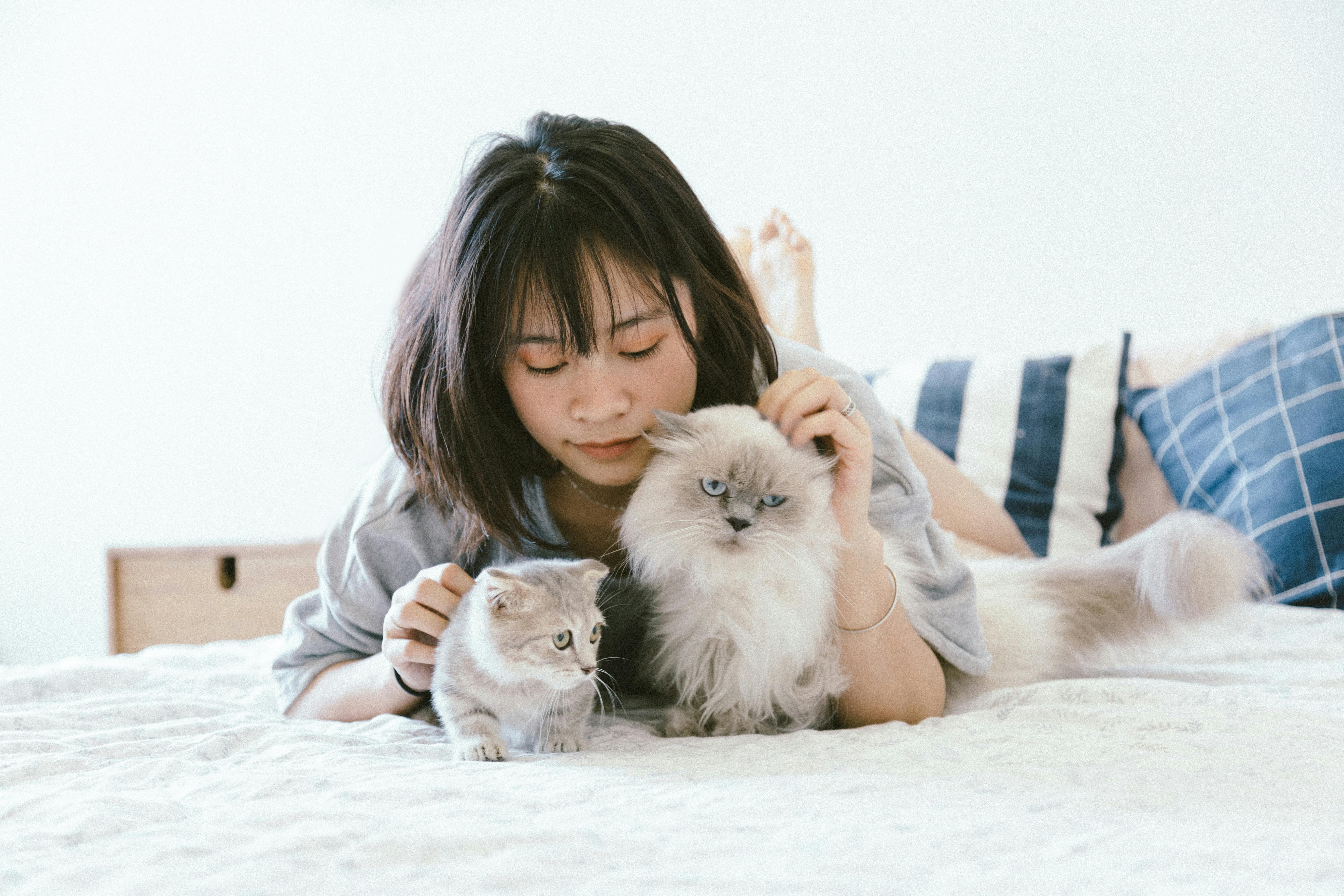 woman lying on bed with two cats