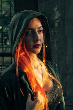 在喜怒无常的城市背景下，一位红发女子身着连帽外套的肖像格外醒目