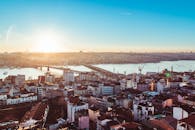 日落时分，伊斯坦布尔的城市景观令人惊叹，展现了城市的天际线与海滨风光