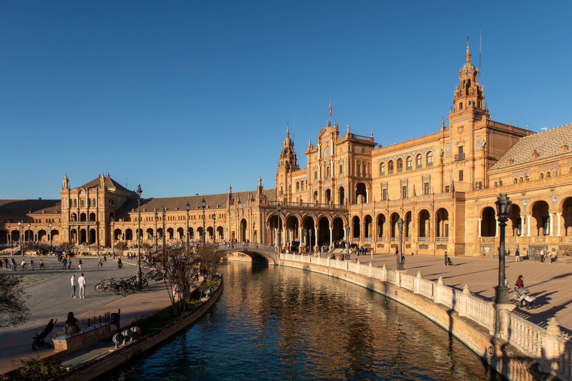 A breathtaking view of Plaza de España in Seville, showcasing its stunning architecture and canal.