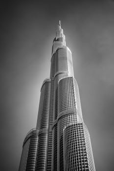 迪拜哈利法塔的单色景观引人注目，展现了现代建筑的魅力