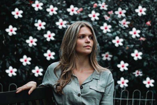 这幅肖像宁静地描绘了一位坐在户外盛开鲜花中的女人