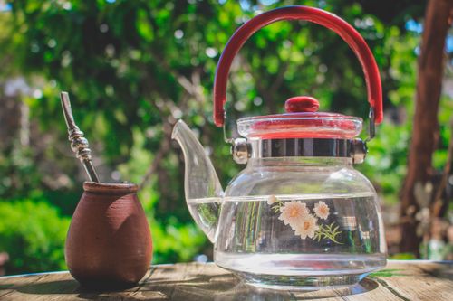 Free Glass teapot with floral design and clay cup in a lush garden setting. Stock Photo
