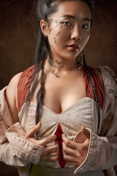 工作室环境中，一位面部艺术复杂的女性肖像显得格外迷人