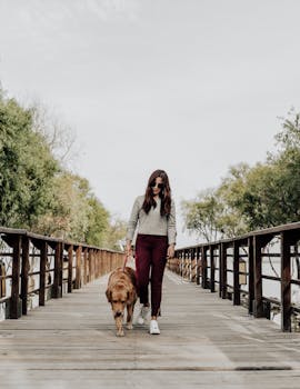 在墨西哥若科特佩克，一名女子戴着太阳镜在木桥上遛狗