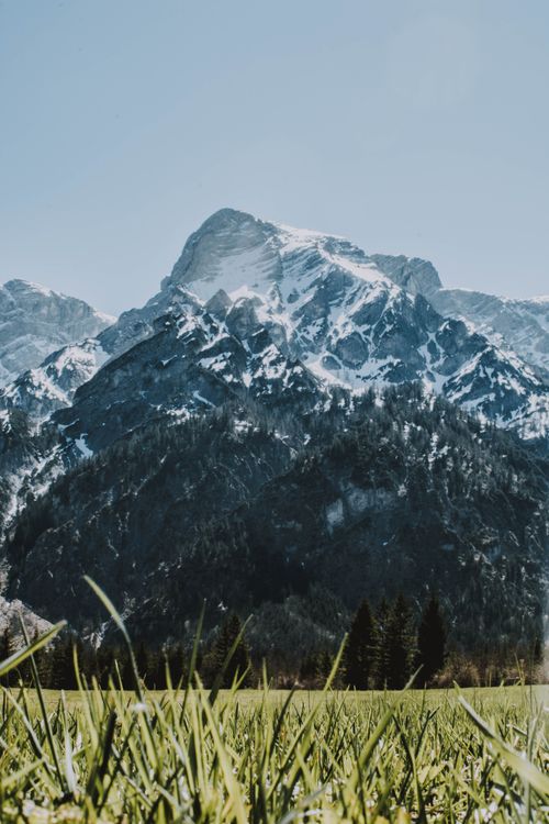 Free Snow-covered mountains and lush green meadows create a stunning Alpine landscape in Austria. Stock Photo