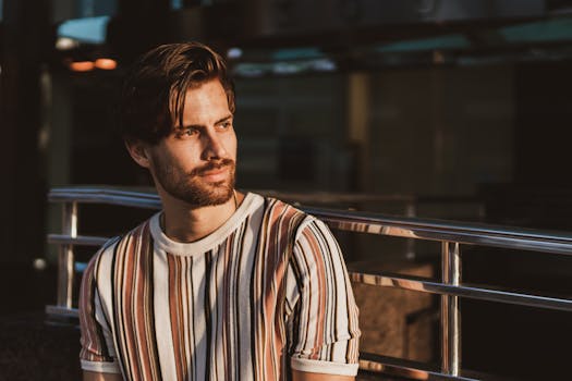 一个穿着条纹衬衫的男人，在温暖的落日余晖中沉思，创作了一幅情绪深沉的肖像