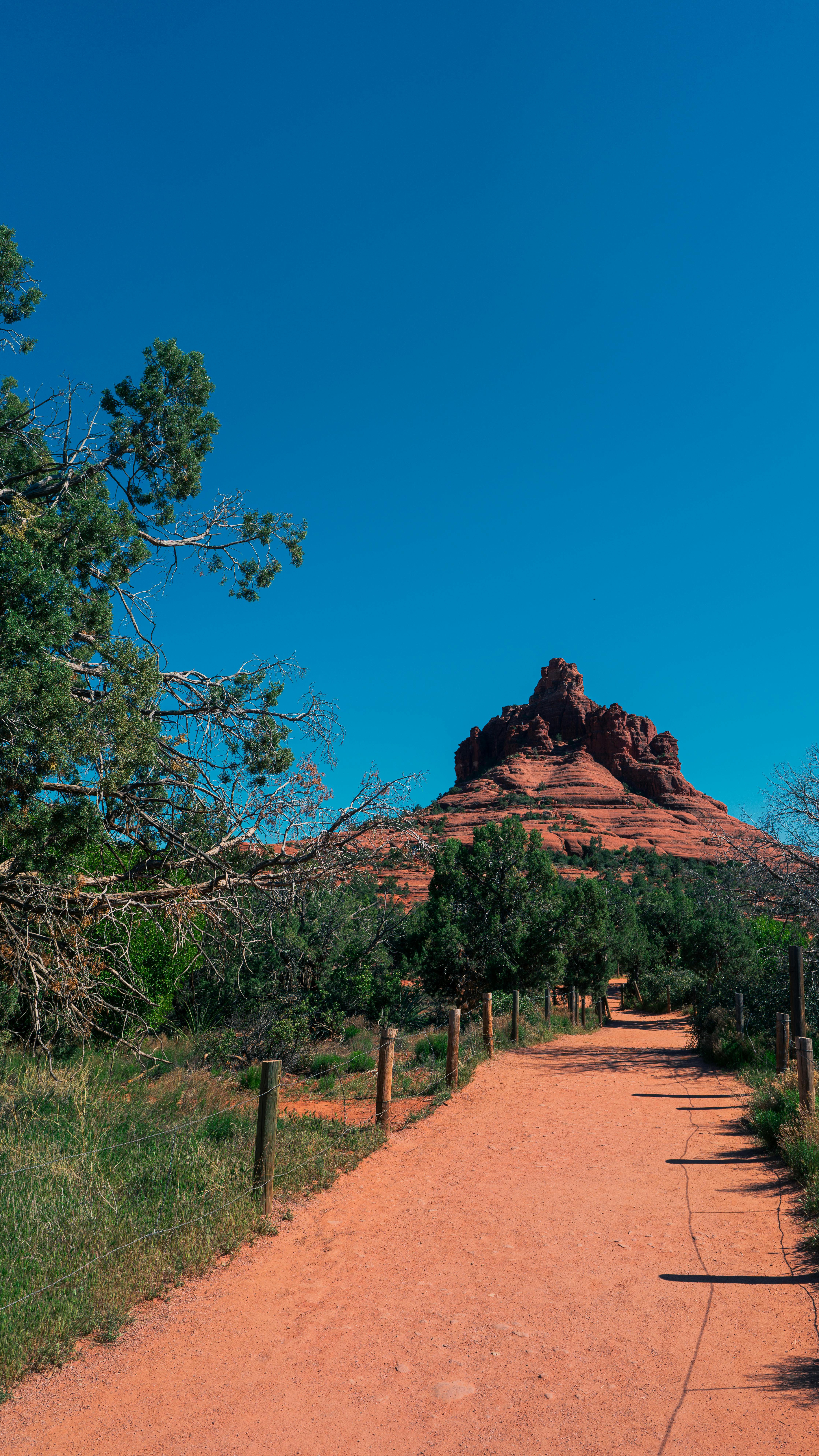 Explore the peaceful pathway leading to Bell Rock under a clear blue sky in Arizona's stunning landscape.