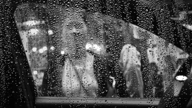 Black and white image of raindrops on a car window with blurred cityscape.