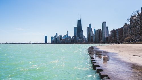 Free Panoramic view of the iconic Chicago skyline from the lakefront on a bright day. Stock Photo