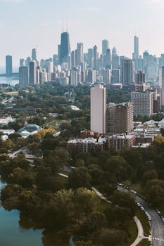 这张航拍的芝加哥天际线照片令人惊叹，展现了城市的建筑与绿色公园