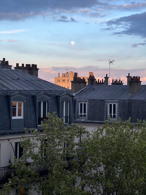The moon rises over the rooftops of paris