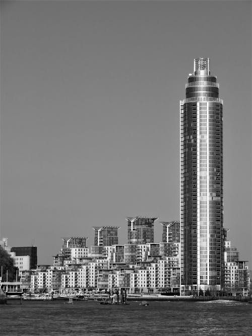 수역 근처 고층 빌딩의 그레이 스케일 사진
