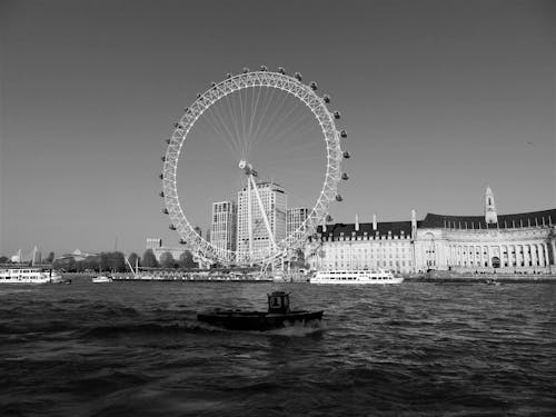 Monochrome Photo of London Eye Waterfront