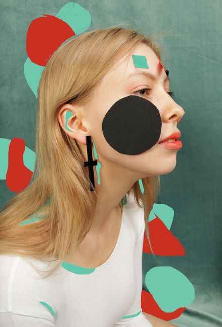 Surreal portrait of a young woman with modern abstract design elements.