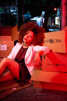 在充满活力的街道灯光下，时尚的女人在纸板箱中摆姿势