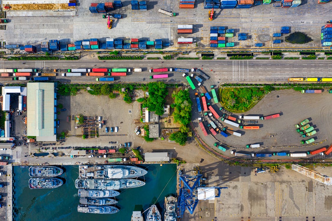 High Angle Shot of Colorful Trucks