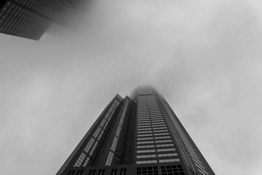 这是一张单色照片，画面中一座现代摩天大楼被雾气笼罩，象征着城市建筑