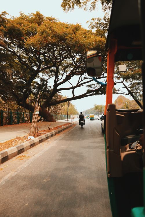 Free A vibrant city street scene featuring a motorbike and lush trees under a clear sky. Stock Photo