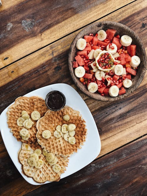 Free Waffles and Fruit Salad Stock Photo