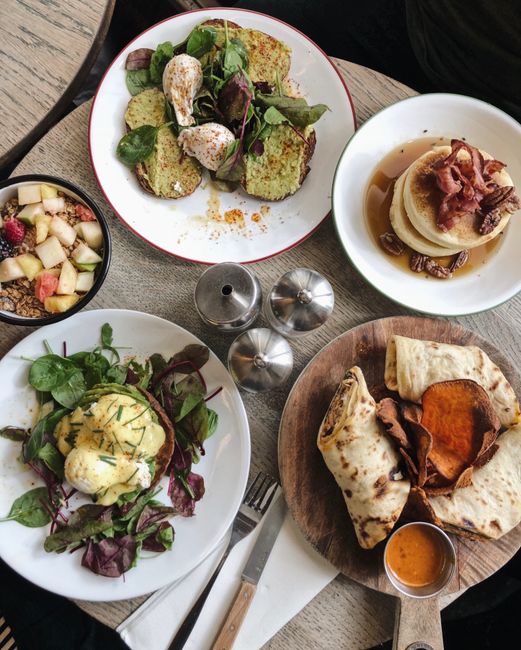 Delicious brunch spread featuring a variety of gourmet dishes at a Paris cafe, showcasing vibrant food photography.