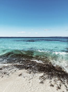 蔚蓝的天空下，碧绿的海浪轻轻拍打着沙滩，景色宁静