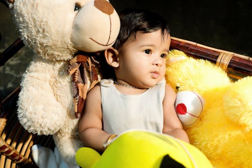 A baby sitting in a basket with stuffed animals
