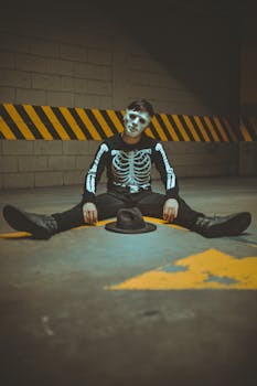 在城市车库里，一个穿着骷髅服装的年轻人坐在那里，营造出一种幽灵般的氛围