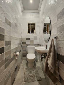 A sleek and contemporary bathroom with stylish tiled walls and modern fixtures.