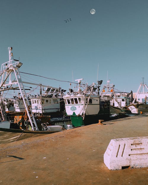 White Boat on Dock Under Blue Sky