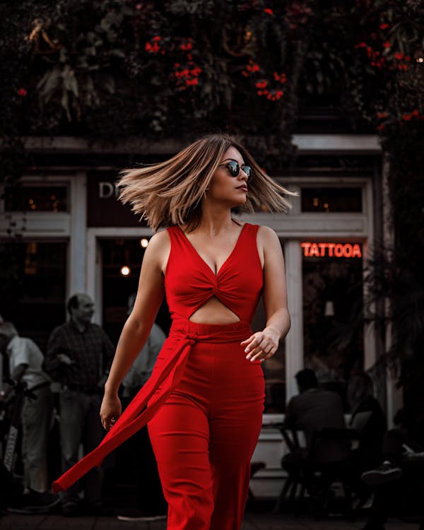Free Photo of Woman in Red Outfit Walking Stock Photo