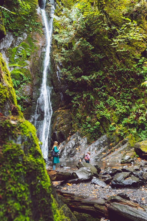 Femme Debout Sur Un Rocher Près De La Cascade