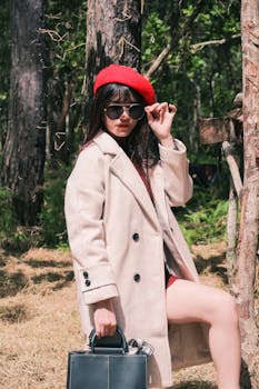 一位穿着米色外套、戴着红色贝雷帽和太阳镜的时髦女人在森林里摆姿势
