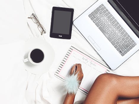 Flat lay of a cozy workspace with a coffee cup, laptop, Kindle, and planner for productivity.