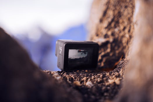 Close-up of action camera nestled within tree branches capturing outdoor scenery.