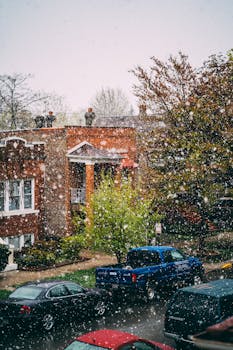 芝加哥一条白雪皑皑的街道上，汽车停着，房屋静立，雪花飘落