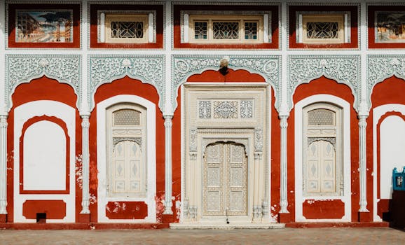 Intricate traditional facade with ornate details in Lahore, Pakistan, showcasing cultural architecture.