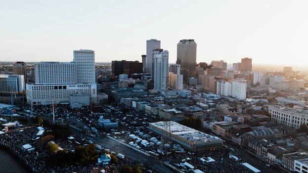 A breathtaking aerial view of New Orleans' skyline with skyscrapers at sunset, showcasing urban architecture.