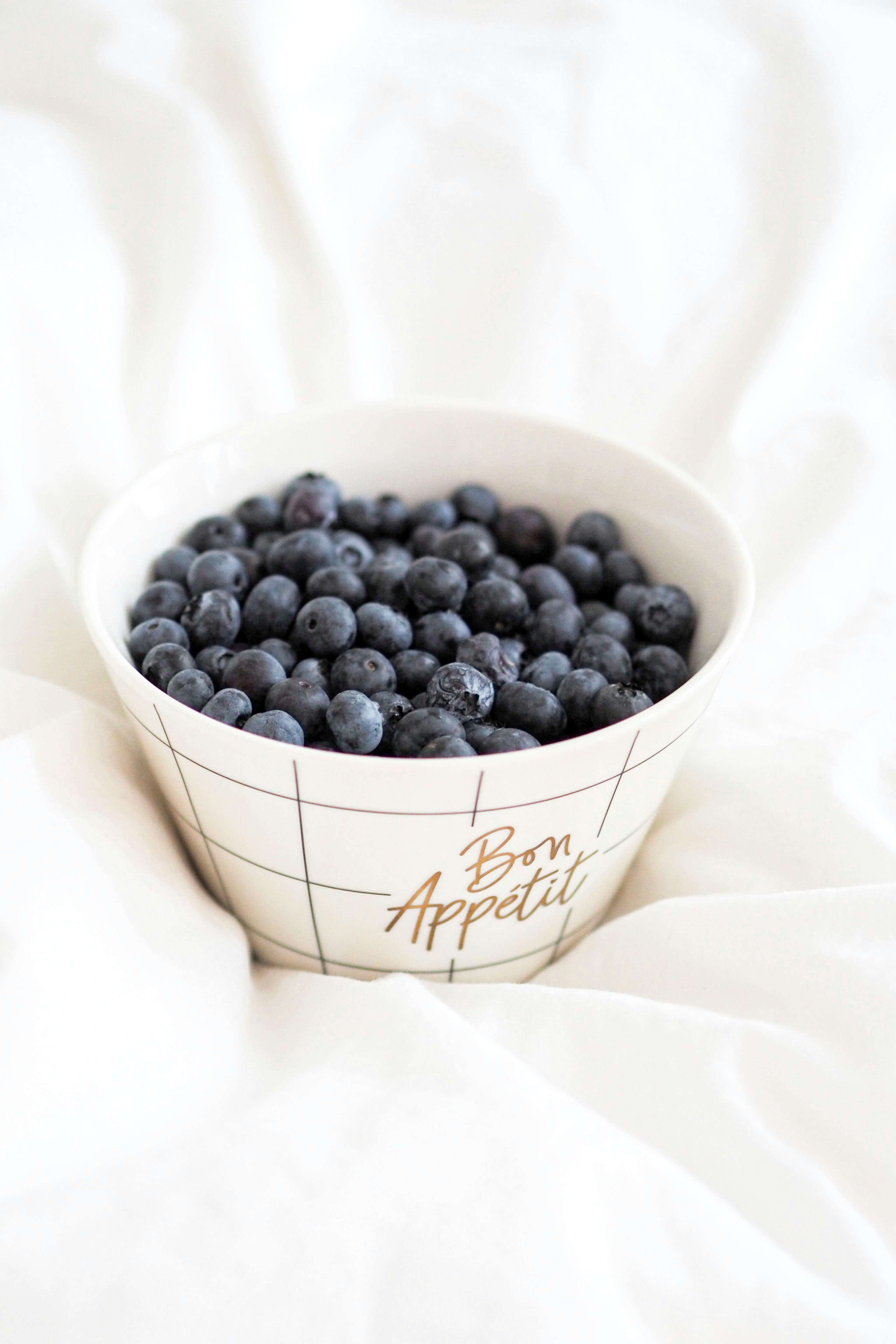 Vibrant blueberries in a decorative bowl offer a delicious and healthy snack.