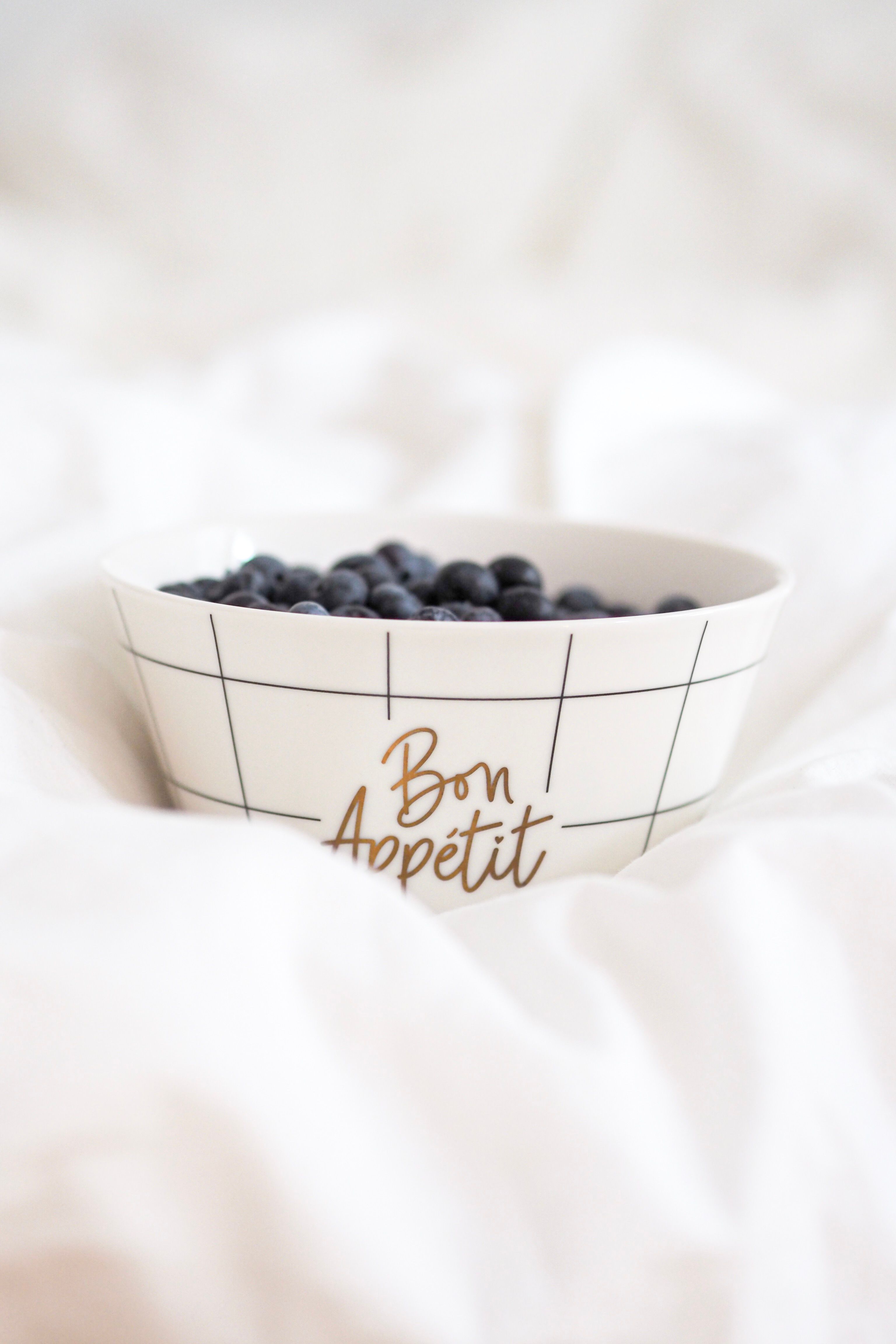 Aesthetic shot of blueberries in a Bon Appétit bowl on a white background, perfect for food photography.