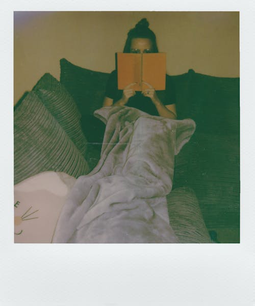 Free Woman Sitting On Sofa Reading Book Stock Photo