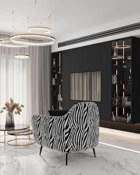 Elegant modern living room featuring a zebra print armchair and stylish lighting in Israel.